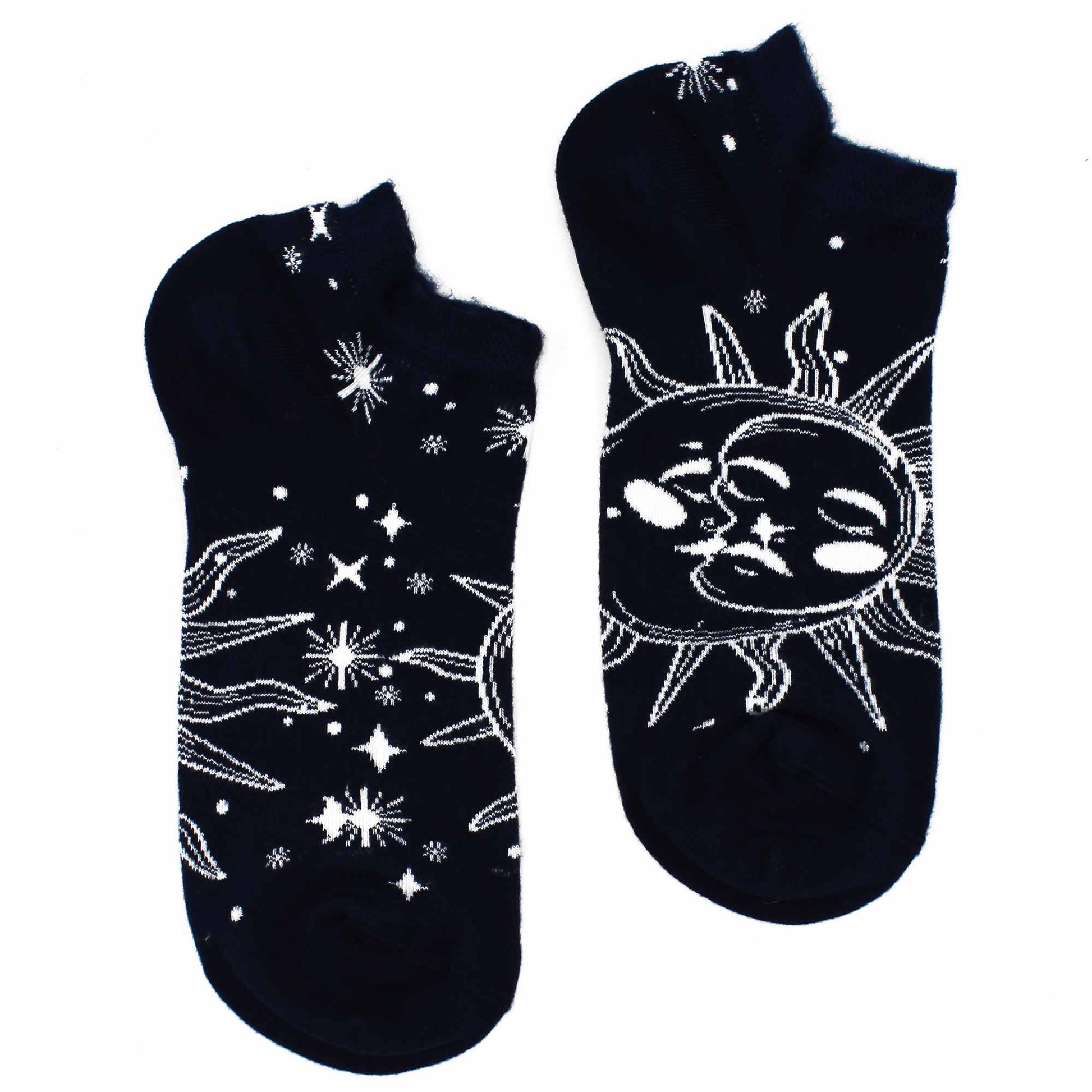 Image of bamboo socks with sun and moon motif, high wicking, breathable socks, eco friendly