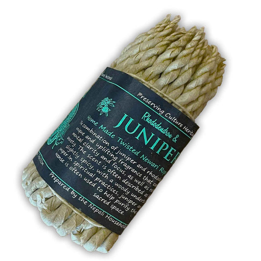 Handmade incense rope bundle with Rhododendron and Juniper herbs, perfect for meditation and relaxation, crafted in Nepal.