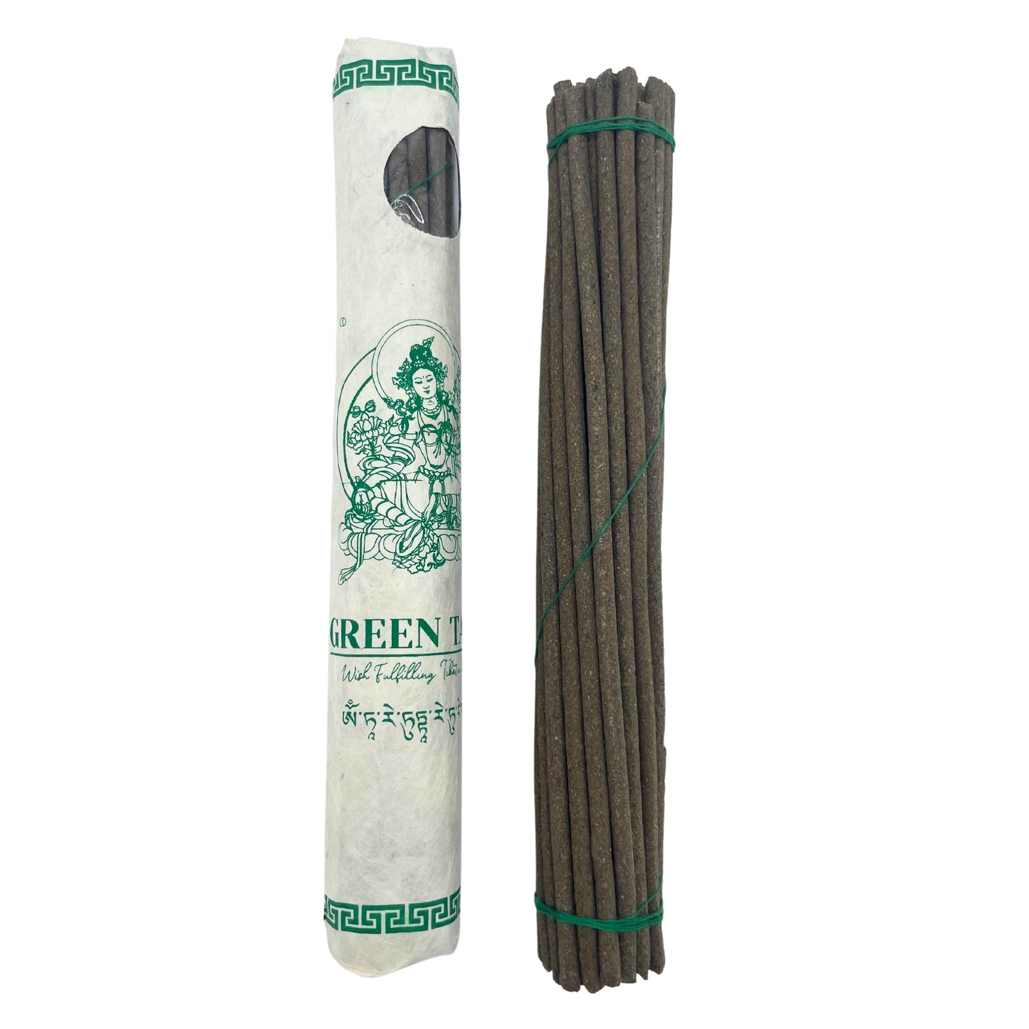 Image shows packaging and the sticks side by side.Handmade Tibetan incense sticks in Green Tara fragrance, ideal for meditation and relaxation, crafted in Tibet.