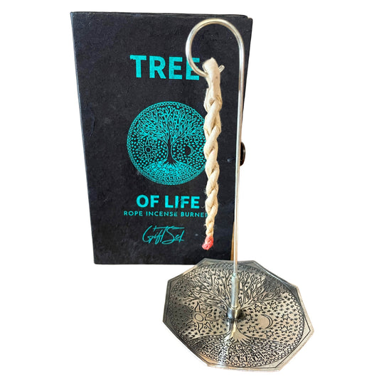 Image of rope incense tree of life, silver plated holder holding incense rope