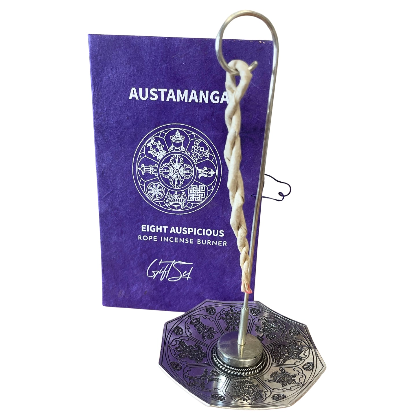 Image shows Austamanga rope incense burner, silver plated holder holding rope incense