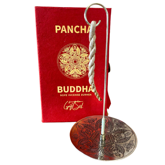 Image shows Pancha buddha rope incense burner, silver plated holder holding rope incense