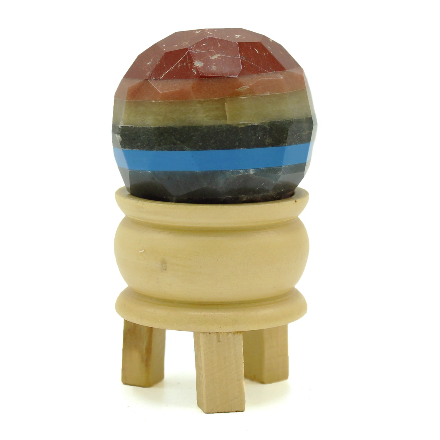 Image of gemstone faceted healing ball and 3 legged wooden stand against white background. 7 Chakra