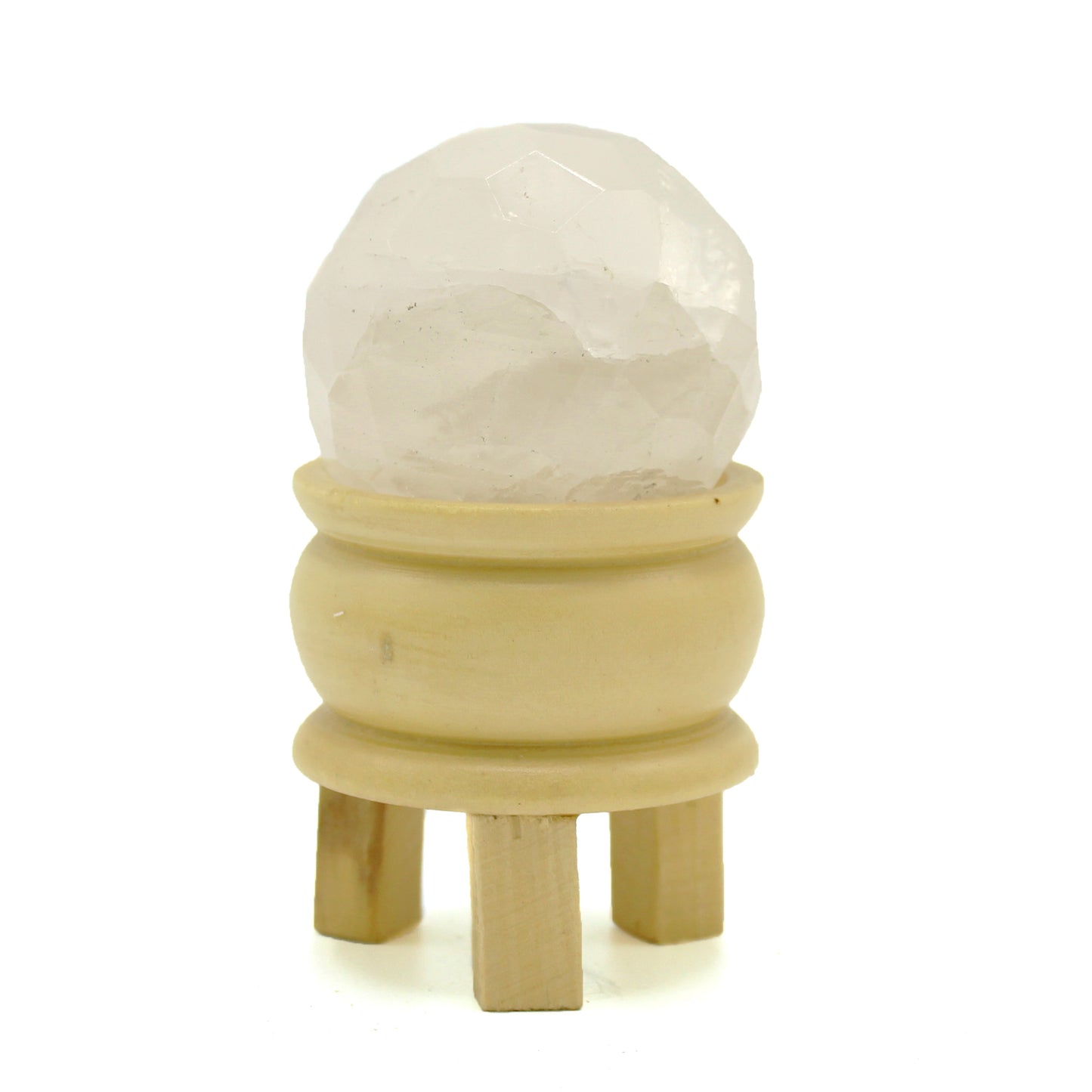 Image of a Rock Quartz Gemstone Healing Ball accompanied by a wooden stand, perfect for energy amplification and spiritual practices. Image against a plain white background